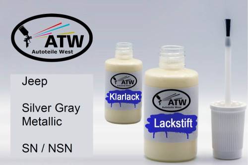 Jeep, Silver Gray Metallic, SN / NSN: 20ml Lackstift + 20ml Klarlack - Set, von ATW Autoteile West.